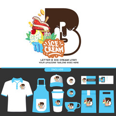 Letter B Delicious Chocolate Ice Cream Cup Logo on White Background for Ice Cream Shop with Brand Identity Include Shirt. Apron. Hat. Cup. Pin. Glass. Business Card. Paper Bag
