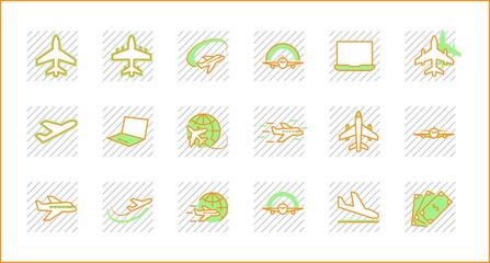 Set of Plane vector line icon. It contains symbols to aircraft, globe and more. Editable Stroke. 32x32 pixels.