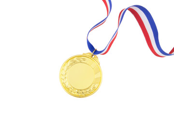 Gold medal with ribbon isolated on white with copy space