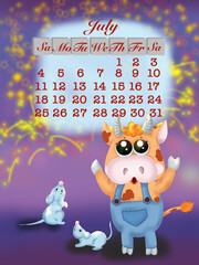 calendar with a symbol of year a bull of July