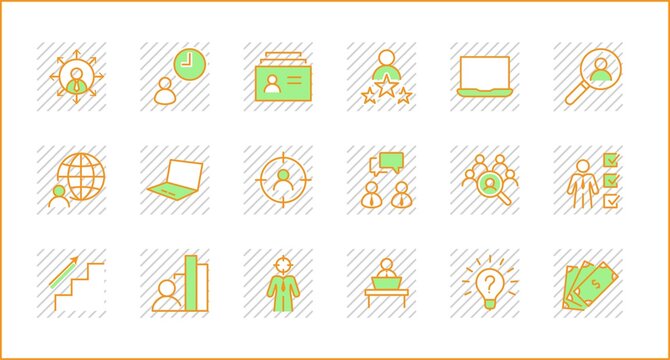 Set of Head Hunting Related Vector Line Icons. Contains such Icons as Career growth, Bulb, Candidate, Search, CV, Card Index, Outsource and more. Editable Stroke. 32x32 Pixel Perfect