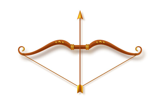 Antique bow and arrow isolated on white background. Dussehra holiday design element. Realistic style vector illustration.