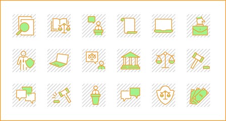 Set of Law and justice Vector Line Icons. Contains such Icons as weapon, arrest, authority, courthouse, gavel, legal, weapon and more. Editable stroke. 32x32 Pixels