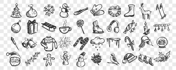 Fototapeta na wymiar Winter doodle set. Collection of hand drawn sketches templates patterns cold season snowman and santa claus or skiing or christmas tree on transparent background. Celebration of New Year illustration.