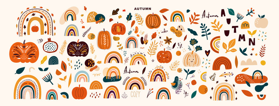 Vector collection with autumn symbols and elements. Autumn pumpkins and Rainbows