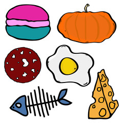 Food macaroon bakery egg cheese pumpkin salami fish doodle logo icon sign symbol Hand drawn Cute cartoon design game style Fashion print clothes apparel greeting card menu banner online store poster
