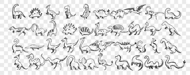 Dinosaurs doodle set. Collection of hand drawn comic toy funny dino characters tyrannosaurus, stegosaurus and diplodocus on transparent background Prehistoric animals illustration.