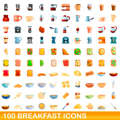 100 breakfast icons set. Cartoon illustration of 100 breakfast icons vector set isolated on white background