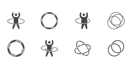 Hula hoop glyph icons. Vector illustration included icon as happy child with hulahoop, fat man exercise outline pictogram for gym. Black color silhouette - obrazy, fototapety, plakaty