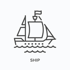 Sail ship flat line icon. Vector outline illustration of yacht, pirate boat, sea transportation. Schooner thin linear pictogram