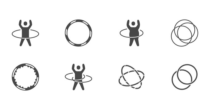 Hula hoop glyph icons. Vector illustration included icon as happy child with hulahoop, fat man exercise outline pictogram for gym. Black color silhouette