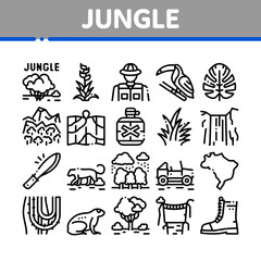 Jungle Tropical Forest Collection Icons Set Vector. Jungle Tree And Animal, Waterfall And Wood, Flower And Bush, Boot And Car Concept Linear Pictograms. Monochrome Contour Illustrations