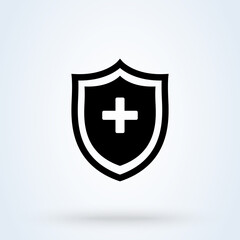 Immune system and medical shield sign icon or logo line. Medical health protection shield cross concept. Protected steel guard shield outline vector illustration.