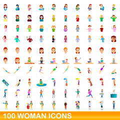 Fototapeta na wymiar 100 woman icons set. Cartoon illustration of 100 woman icons vector set isolated on white background
