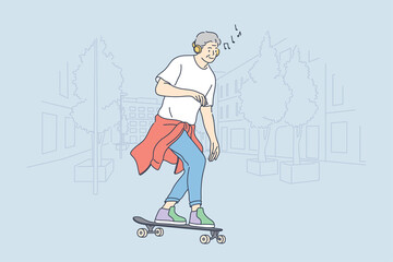 Skateboarding, sport, recreation, hobby concept. old man ensioner senior citizen cartoon character riding skateboard listening music and performing tricks. Active summer extreme lifestyle illustration