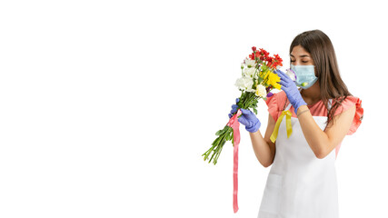 Working in face mask. Young beautiful woman, florist with colorful fresh bouquet isolated on white studio background. Caucasian woman, art modern worker. Finance, economy, professional occupation.
