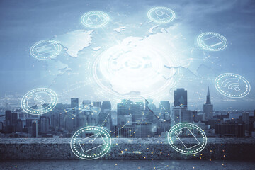 Double exposure of social network theme drawing and cityscape background. Concept of people connecton.