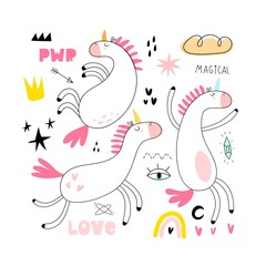 set with cartoon unicorn, decor elements. Colorful vector illustration, flat style. hand drawing.