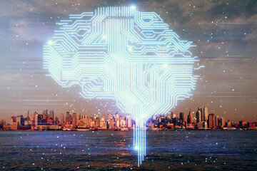 Brain hologram drawing on cityscape background multi exposure. Ai in modern city concept.
