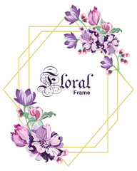 Vertical botanical vector design frame.Natural spring wedding card with purple flowers. Gold line art.