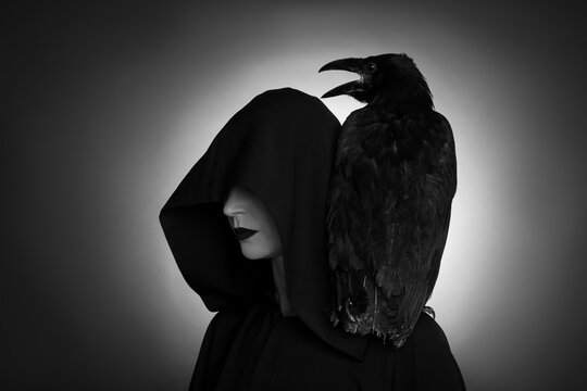 Mysterious witch with raven on dark background. Black and white effect