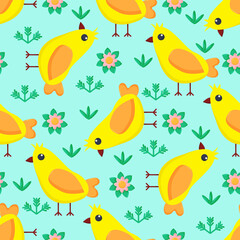 Seamless pattern with cartoon yellow chicks. Easter greeting cards, Hand drawn background. Vector illustration