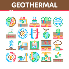 Fototapeta na wymiar Geothermal Energy Collection Icons Set Vector. Geothermal Electricity Factory And House Heat Equipment, Geyser And Earth Temperature Concept Linear Pictograms. Color Illustrations