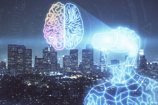 Double exposure of AR people drawing and cityscape background. Concept of augmented reality.