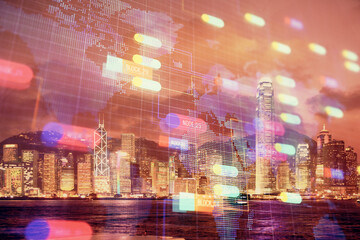 Data theme hologram drawing on city view with skyscrapers background double exposure. Ai concept.