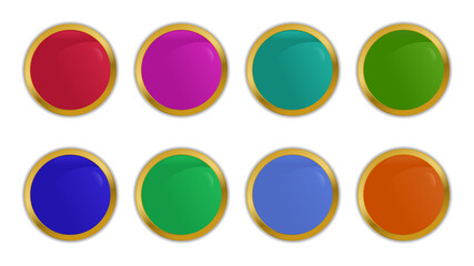 Vector set of buttons in the form of a circle of different colors with a gold outline with shadows and highlights.