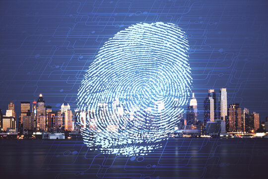 Double exposure of finger print hologram and cityscape background. Concept of personal security.