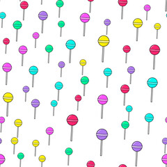 Colorful lollipop seamless pattern on white background. Paper print design. Abstract retro vector illustration. Trendy textile, fabric, wrapping. Modern space decoration.