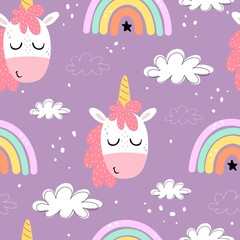 seamless pattern with cartoon unicorns, rainbows, clouds, decor elements on a neutral background. Colorful vector flat style for kids. Animals. hand drawing. baby design for fabric, print, wrapper, te