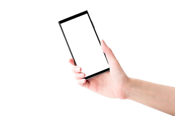 hand holds mobile phone on isolated white background