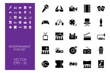 Icon Set of Entertainment Object with Glyph Concept Isolated on White Background. This Bundle Consists of 25 Icon among them cinema, movie, radio, tv, etc. - Vector Illustration.