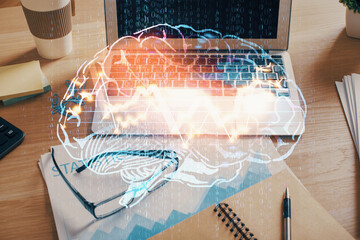 Double exposure of desktop computer and human brain drawing hologram. Ai concept.
