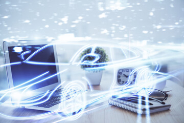 Desktop computer background in office with automobile hologram drawing. Multi exposure. Tech concept.