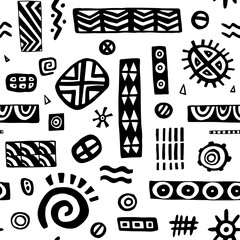 Hand drawn ethnic elements sketch seamless pattern. Black tribal geometric ornament 