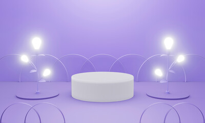 3d rendering of empty purple podium with light bulb for display product.