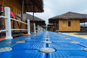 The floating house rafting at the river Kwai, landscape, Kanchanaburi, Thailand, Travel concept.