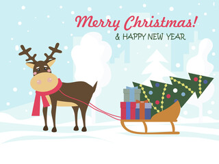 Merry Christmas and Happy New Year. A deer is pulling a sleigh with a tree and presents on its sleigh. Against the background of the winter cityscape with snowflakes. Christmas card. Vector 