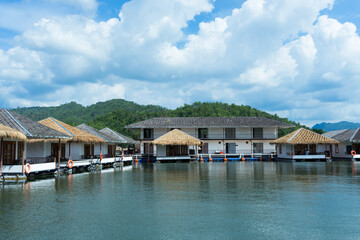 The floating house rafting at the river Kwai, landscape, Kanchanaburi, Thailand, Travel concept.