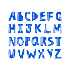 Simple paper cut alphabet. Set of unique blue letters on white background. Vector typography design