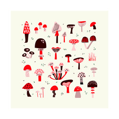 Set of different cartoon mushrooms in vintage style. Vector childish flat illustration