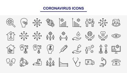 Set of Coronavirus vector line icons. For mobile concepts, web apps, UI UX. Vector Illustration.
