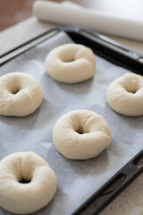 自宅でパン作り　二次発酵前の成型したプレーンベーグル
