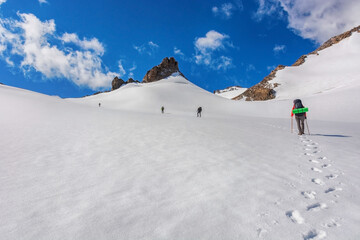 Mountain landscape view in Kyrgyzstan. Rocks, snow and stones in mountain valley view. Mountain...