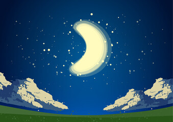 Fototapeta premium Landscape background with green field, blue magic night sky, moon and clouds