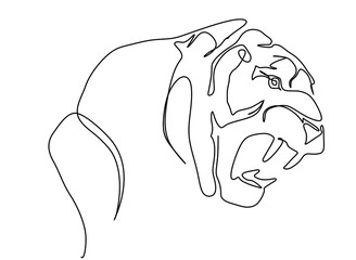 Continuous one line drawing of a tiger showing its fangs and get ready to pounce
the prey. Vector illustration