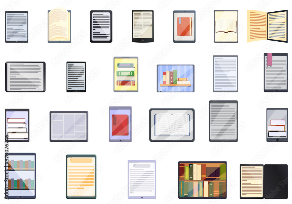 Poster e-book application icons set. cartoon set of e-book application vector icons for web design